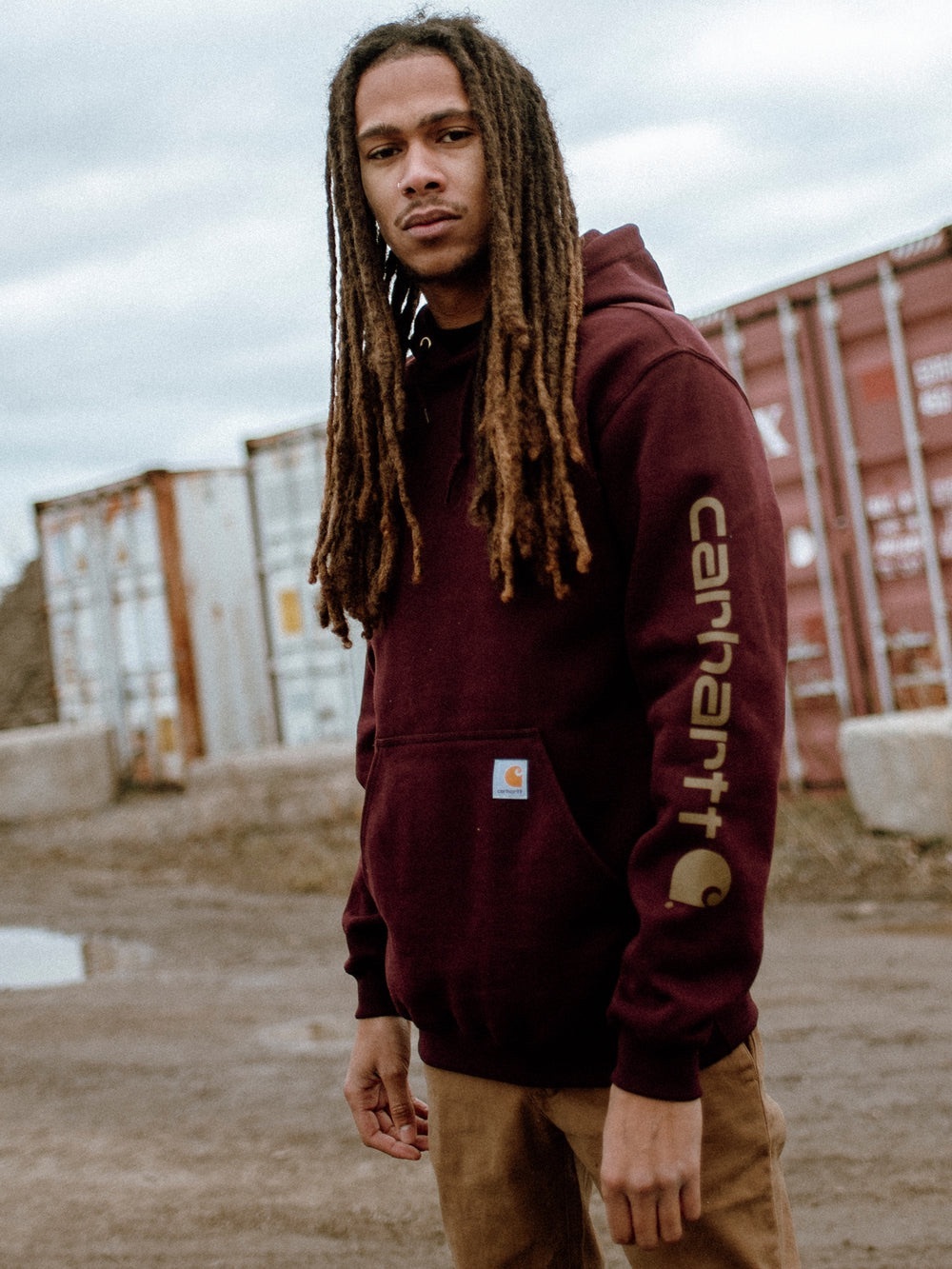 Carhartt Men’s Maroon Hooded Pullover with Sleeve Logo